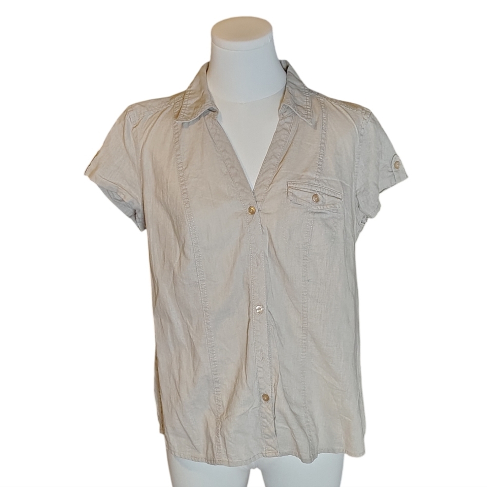 Sonoma Linen Cotton Cream Safari Shirt With Cuffed Sleeves Size Medium